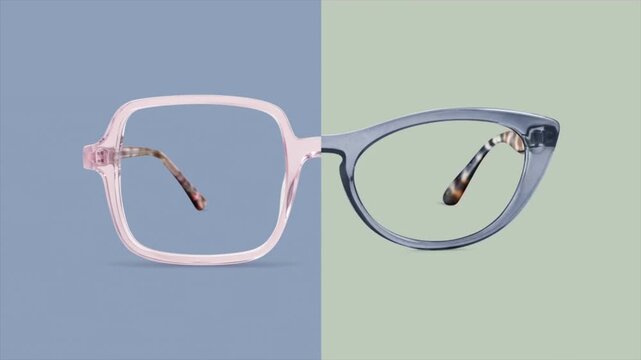 Split screen comparison of stylish metal eyeglasses, silver and gold frames presentation, optical prescription glasses showcase, dual background mockup, 4k stock video