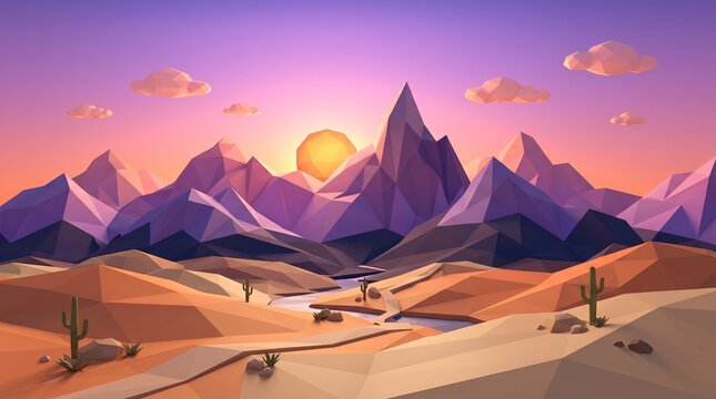 Low poly desert landscape with mountains, cactus, and sun setting in vibrant purple and orange colors