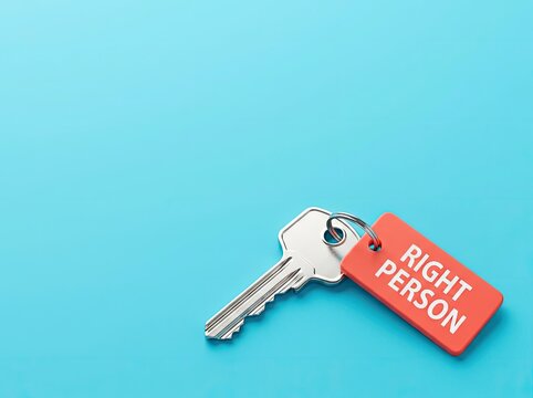 Metal key with right person tag on blue background ideal for recruitment and hiring content symbolizing the perfect candidate selection solution