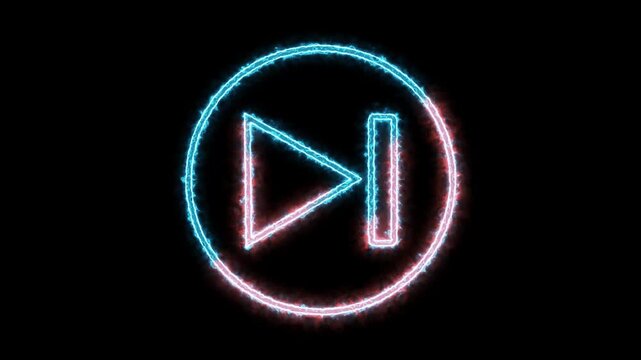 Neon circle displays glowing play and next track button symbols. Media player controls illuminate around the active neon circle. Digital music streaming graphics guide this modern neon circle.