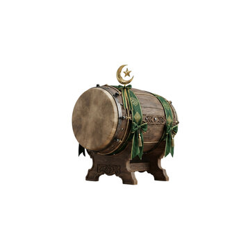 Traditional Islamic bedug drum with crescent moon ornament isolated on white