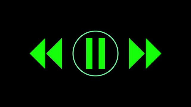 Green media player icons display play, pause, and fast forward. Digital video playback navigation routes through the media icons. Interactive media controls guide these green media player icons.