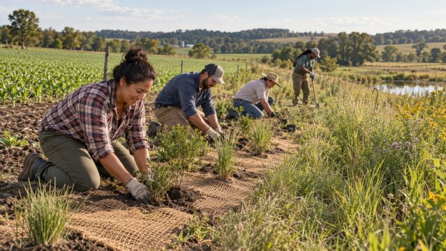 Workers Restoring Degraded Agricultural Field Margin