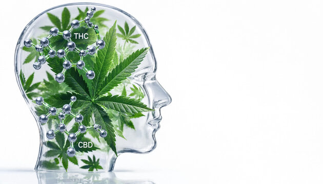 Cannabis molecules THC and CBD inside transparent human head silhouette with marijuana leaves representing brain effects concept