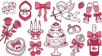 Fototapeta premium Wedding elements and romantic anniversary celebration sticker pack featuring cute cupid angel wedding cake rings roses champagne bottle bow graphics