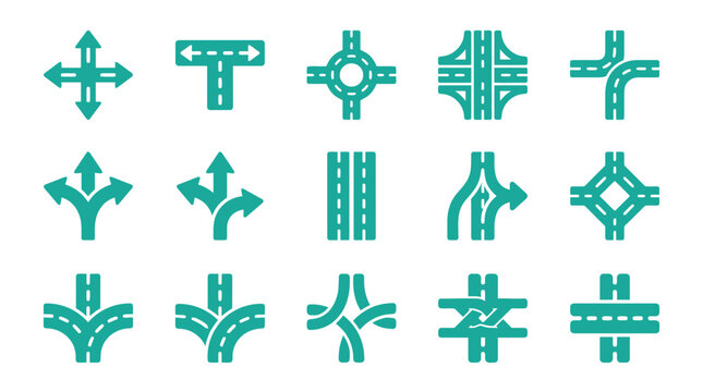 Set of 15 teal road navigation icons featuring highway junctions, roundabouts, intersections, directional arrows, traffic merges, and lane markings for GPS mapping and app design.