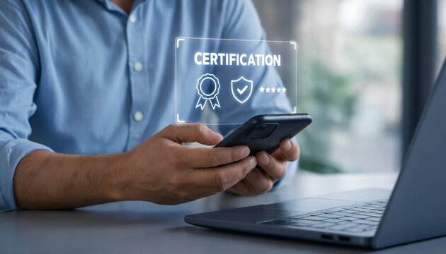 Man holding smartphone with holographic certification icon above device in office setting achievement concept
