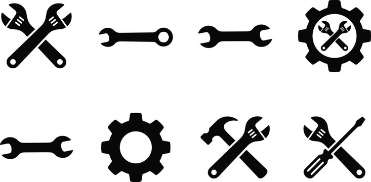 Industrial mechanical repair and hardware tool icon set featuring crossed spanners hammer screwdriver gear combinations isolated on white background