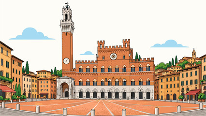 Obraz premium Piazza del Campo and Palazzo Pubblico in Siena Tuscany vector illustration