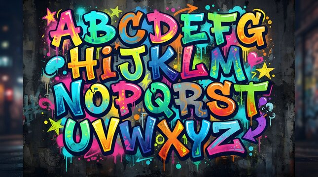 Vibrant graffiti alphabet featuring bold multicolored letters painted on urban concrete wall with bright neon spray paint artistic street style