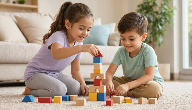 Two children building tower with colorful wooden blocks indoors showing teamwork and childhood play