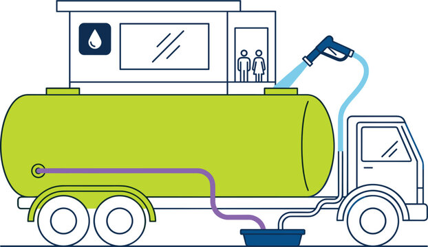 Mobile sanitation truck cleaning public portable toilet facility with water hose and suction pipe vector line illustration