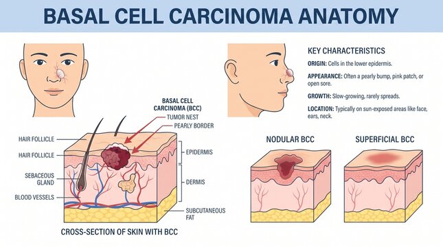 Educational Medical Infographic Showing Basal Cell Carcinoma Skin Anatomy And Lesion Development