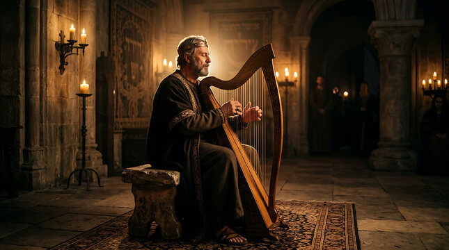King David Playing Wooden Harp in Ancient Palace Room