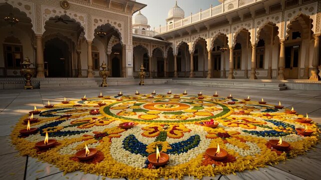Vibrant floral rangoli with glowing oil lamps arranged inside temple courtyard