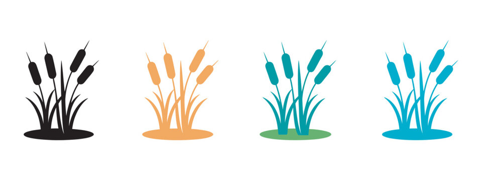 Cattail icon set silhouette, vibrant cattails in various hues, grass silhouette collection, botanical vector symbols, isolated on white background.

