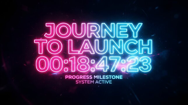 Journey to launch countdown timer featuring vibrant pink and blue neon typography displayed against a dark textured abstract background design