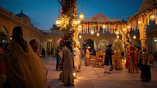 Woman in flowing golden gown stands before brightly illuminated temple courtyard during festival celebrations