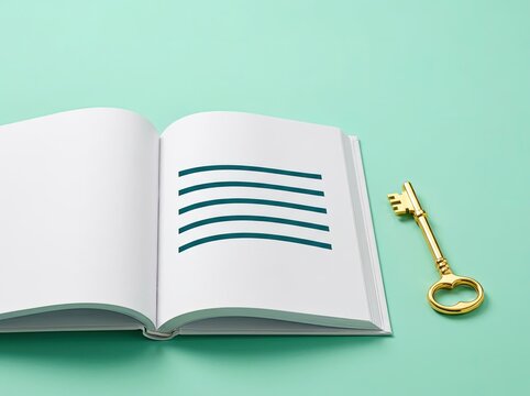 Open book beside a golden key on mint background ideal for educational branding representing the key to knowledge and unlocking potential