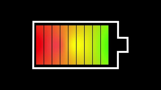 Battery charge indicator glows with a red to yellow gradient. Electrical power storage levels track on this battery indicator. Device energy status updates along the battery charge indicator.