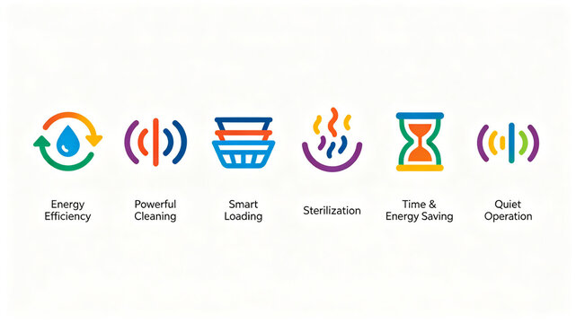 Multi color dishwasher selling point vector icon kit, representing powerful cleaning, intelligent loading, and low-noise operation, suitable for the design of home appliance detail modules.
