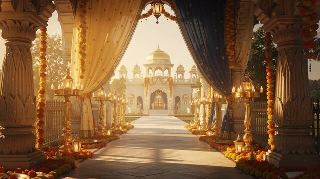 Grand Festival Pathway Decorated With Golden Lamps And Marigold Flowers Leading Toward A Traditional Shrine