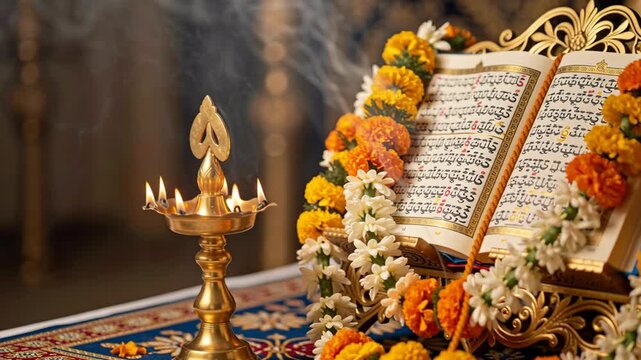 Sacred Holy Book Decorated With Marigold Garland And Oil Lamp During Religious Festival