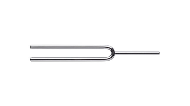 Metallic tuning fork for musical pitch, chrome acoustic resonator for sound therapy, professional steel tuning instrument isolated PNG with Transparent Background