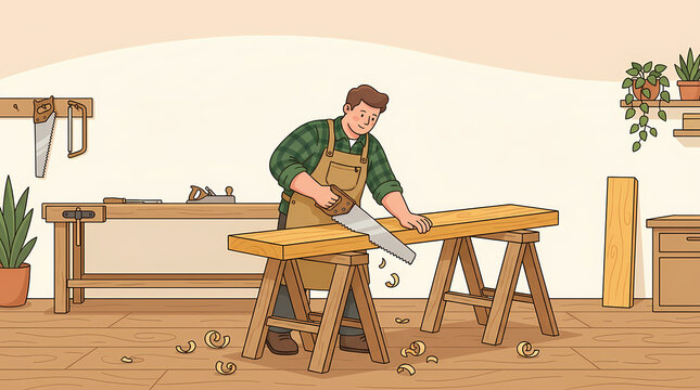 A carpenter with a focused expression saws a wooden plank supported by sawhorses in a workshop filled with tools and plants, illustrating the art of woodworking.