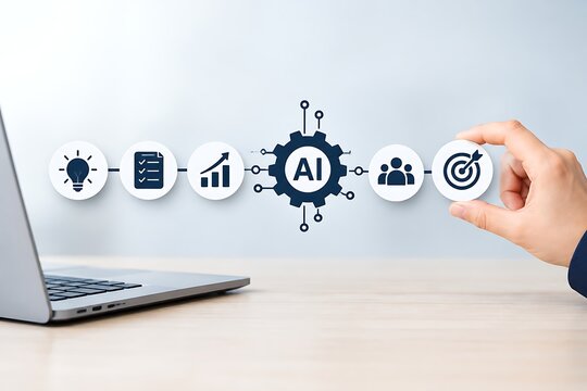 Circular icons representing artificial intelligence concepts are held near a laptop on a wooden surface