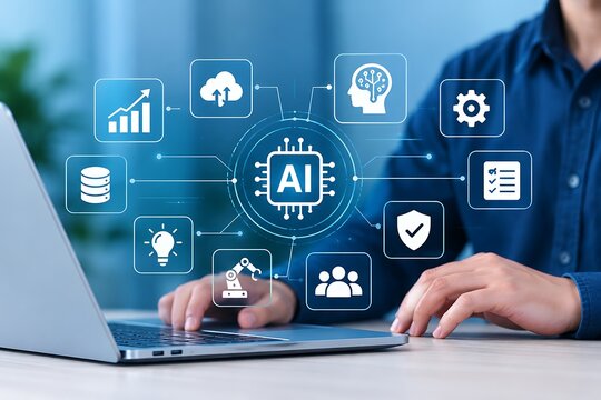 Artificial intelligence concept with flat icons surrounding a person using a laptop artificialintelligence