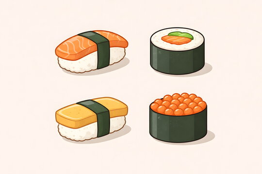 Minimal flat set of assorted sushi pieces on a clean background.