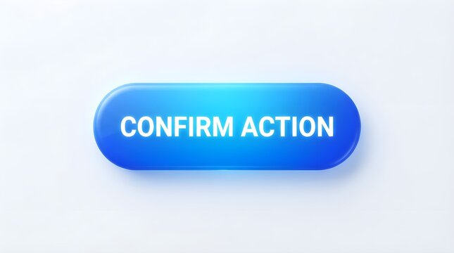 Glossy blue confirm action button with rounded corners and modern glowing typography isolated on a clean soft white background texture