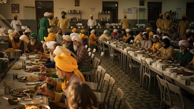 Traditional community kitchen serving free vegetarian meals to people indoors