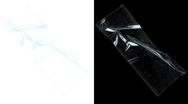 Transparent plastic wrap texture, wrinkled cellophane overlay on black background, clear polyethylene film for packaging design