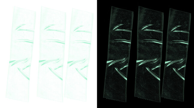 Transparent adhesive tape strips set, clear plastic scotch tape pieces on black and white background, realistic sticky tape texture