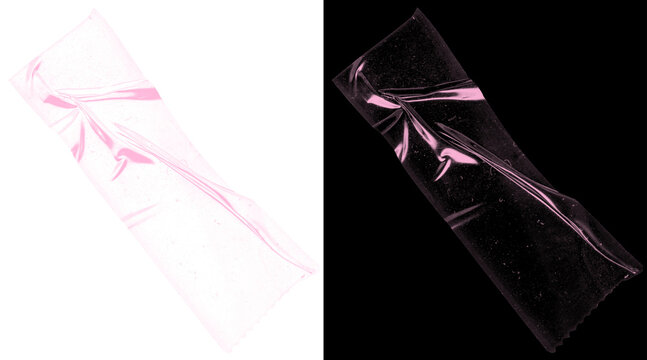 Pink plastic wrap texture, wrinkled cellophane overlay on black and white backgrounds, transparent cling film material