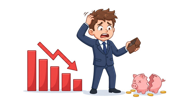 Stressed businessman with empty wallet and broken piggy bank, financial crisis and stock market crash, economic recession concept isolated PNG with Transparent Background