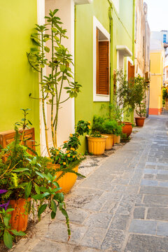 Cozy street with colorful architecture and flowers in Rhodes island, Greece. Beautiful summer cityscape.