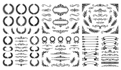 Fototapeta premium 260 Vintage Decorative Line Elements Wreath Frames Swirls and Laurel Vector Set