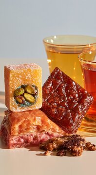 Turkish sweets assortment featuring a powdered lokum cube and baklava slice, gourmet treats with tea for a traditional dessert menu