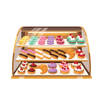 A bakery display case filled with colorful macarons eclairs croissants and various sweet fruit tarts.