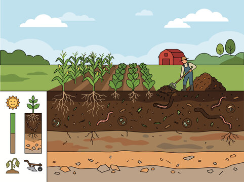 Flat vector cross section diagram of farm soil showing earthworms, organic biomass layers, healthy roots, and regenerative farming.