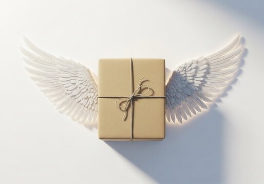 Swiftly Delivered: A 3D render with angelic wings, bathed in soft, ethereal light.