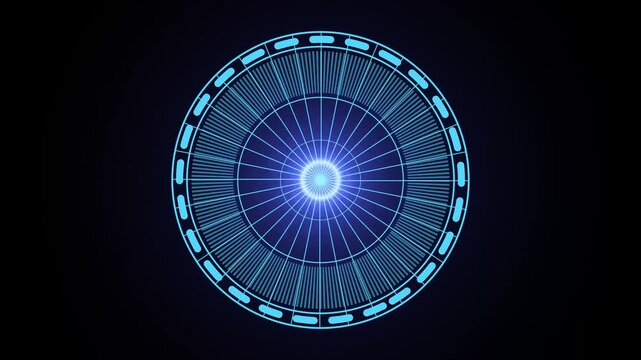 Futuristic blue circular HUD element displays radiant rays. High tech target telemetry coordinates guide this blue HUD element. Cyber user interface graphics power the circular HUD element.