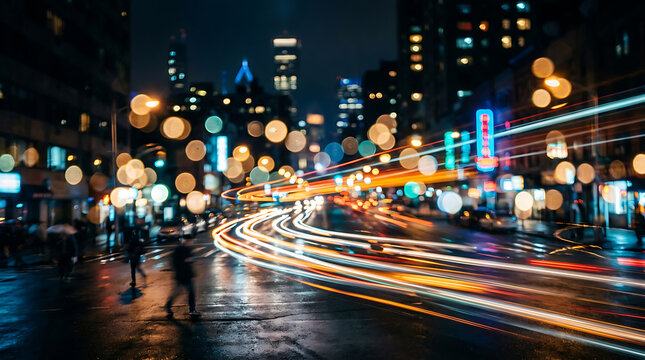 City street with colorful night lights and traffic