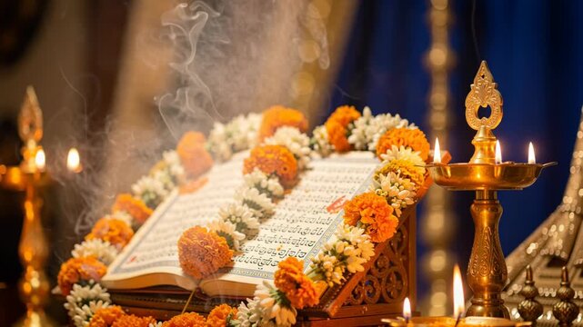 Holy Book Decorated With Floral Garlands And Oil Lamps During Religious Ceremony