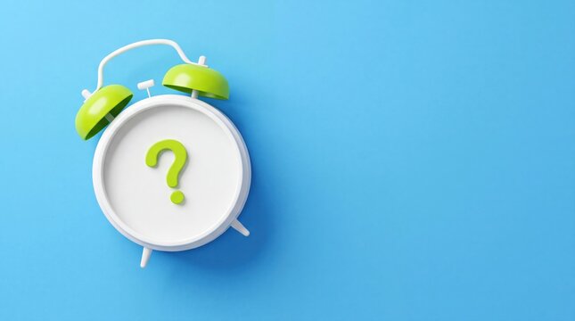 Close-up of a white alarm clock with a green question mark on the face on a blue background