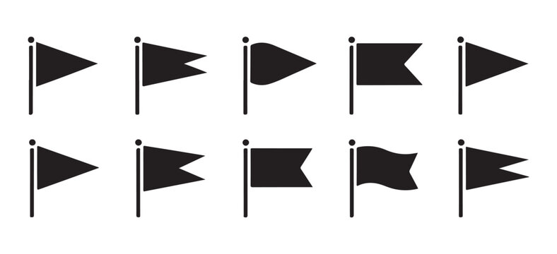 Black map flag pointer collection on transparent background for marking locations and destinations.