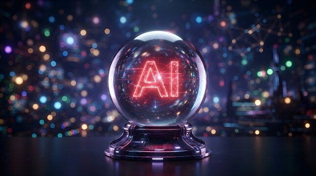 Glowing red ai symbol encased inside a mystical glass crystal sphere resting on a complex futuristic metallic dark base structure